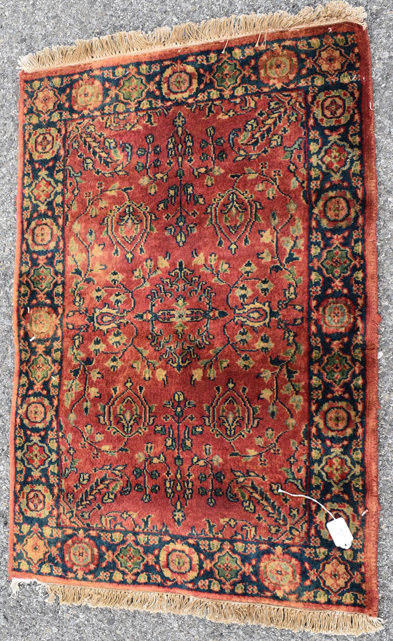 Small Sarouk Carpet: Very fine quality. Heavy,thick and plush. Wool. An antique collector's piece.24"x 37"