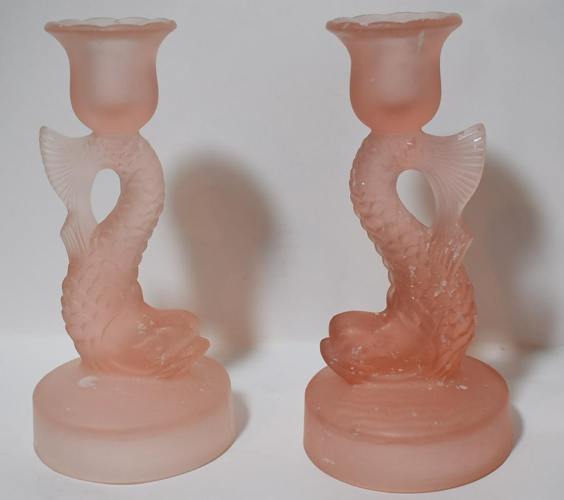 Pr. of Figural Depression Glass Candlesticks: 8' tall.