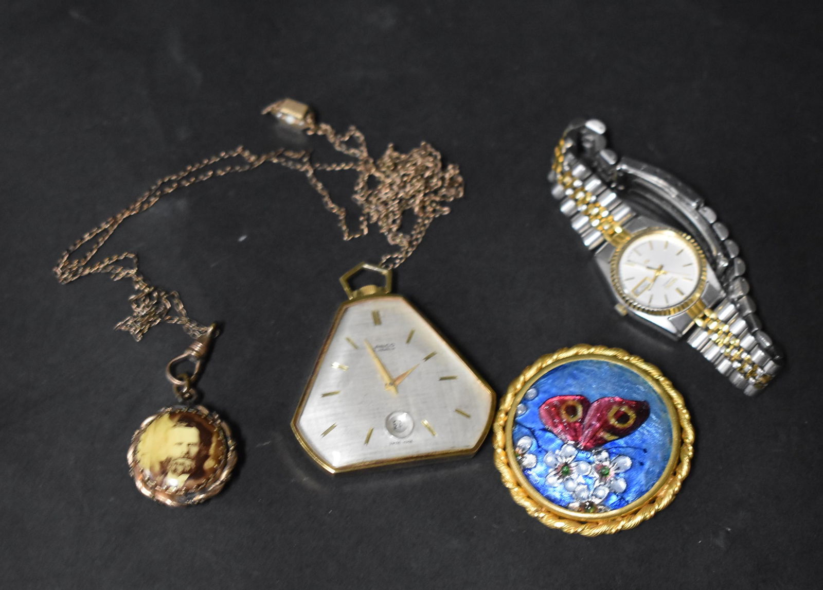 Vintage Costume Jewlery: Gilded Silver antique pendant the chain with fine fiery opal and gold a fine signed French giltframed enamel w/ semi-precious stones. Pr. of Earrings. Sieko ladies and old deco style ladies wind-up pe