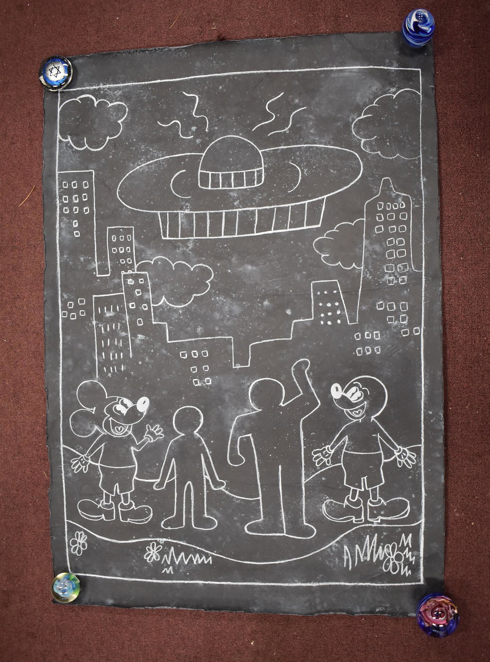 Keith Haring Drawing on Matte Black Paper: Overall 39"x 27.5"