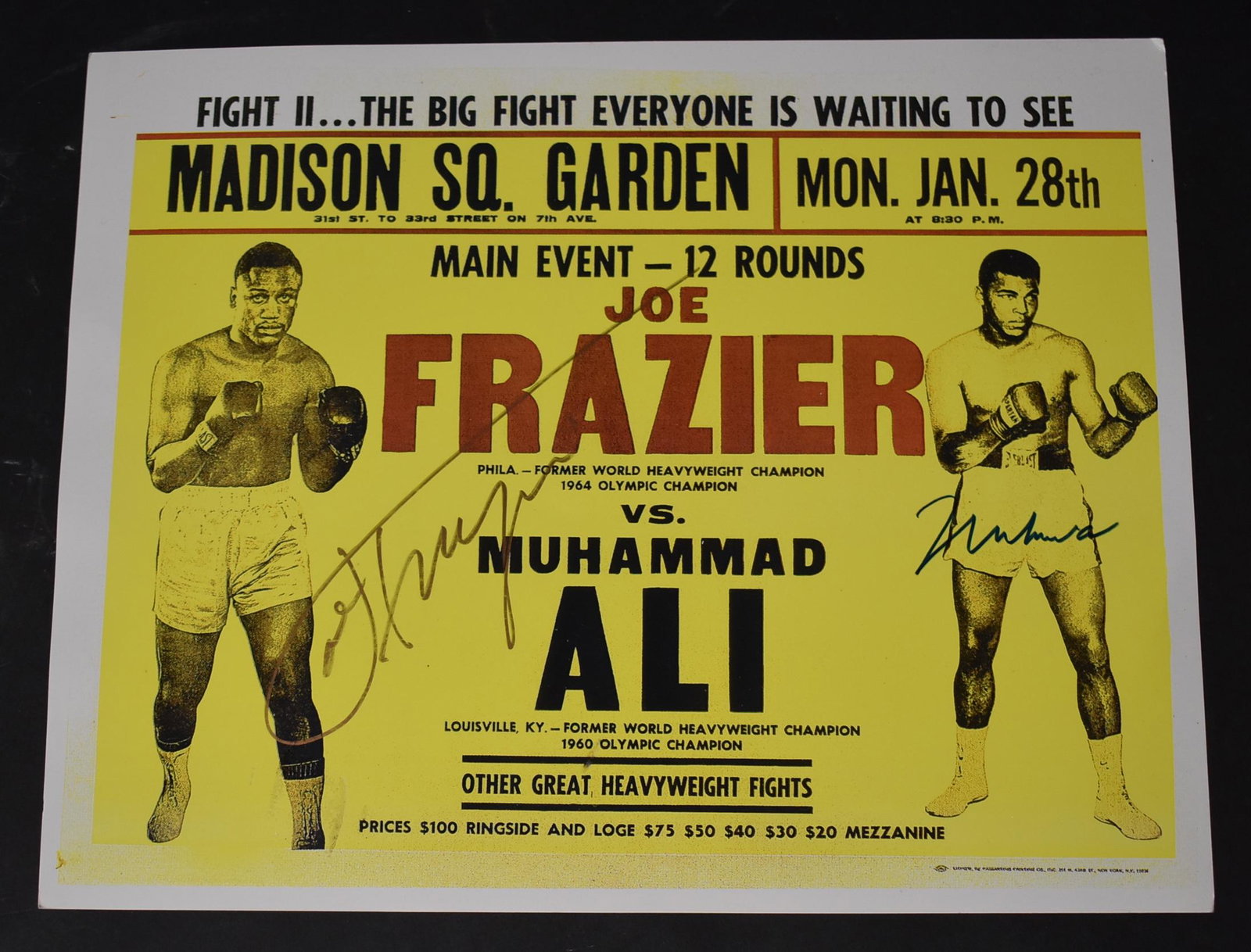 Muhammad Ali Autographed Promo Card: Autographed color promo card. Ali vs. Frazier. Fight II at Madison Square Garden. Felt tip pen signatures by both fighters; 10in. X 13in.