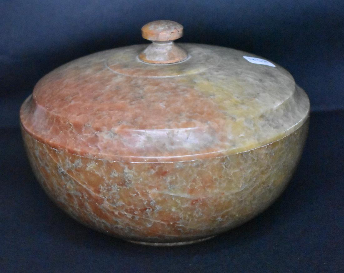 Antique Indian Stone Covered Bowl: Age line in lid, will be visible in photo. 6.5" high by 7" wide.