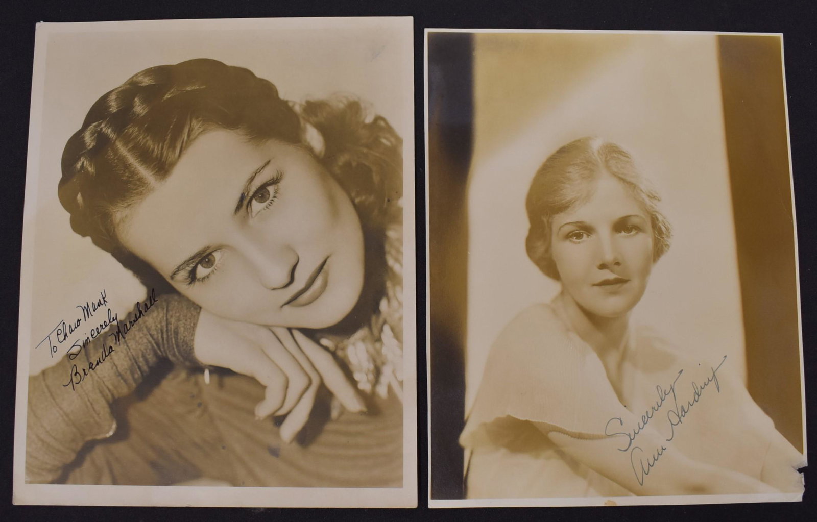 Autographed Vintage Movie Photos Harding and Marshall: Cardboard stock, signed in ink Brenda Marshall and Ann Harding. Both 8 x 10.
