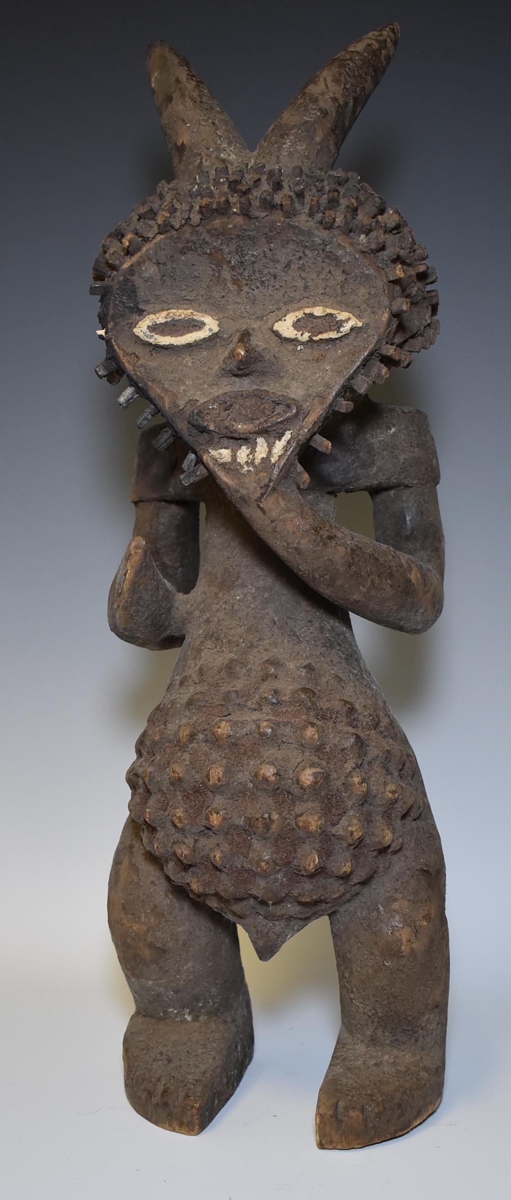Exceptional Old Mambila Figure: Peg inserted hair. Represents a horned male. Nigeria. Size 21"H