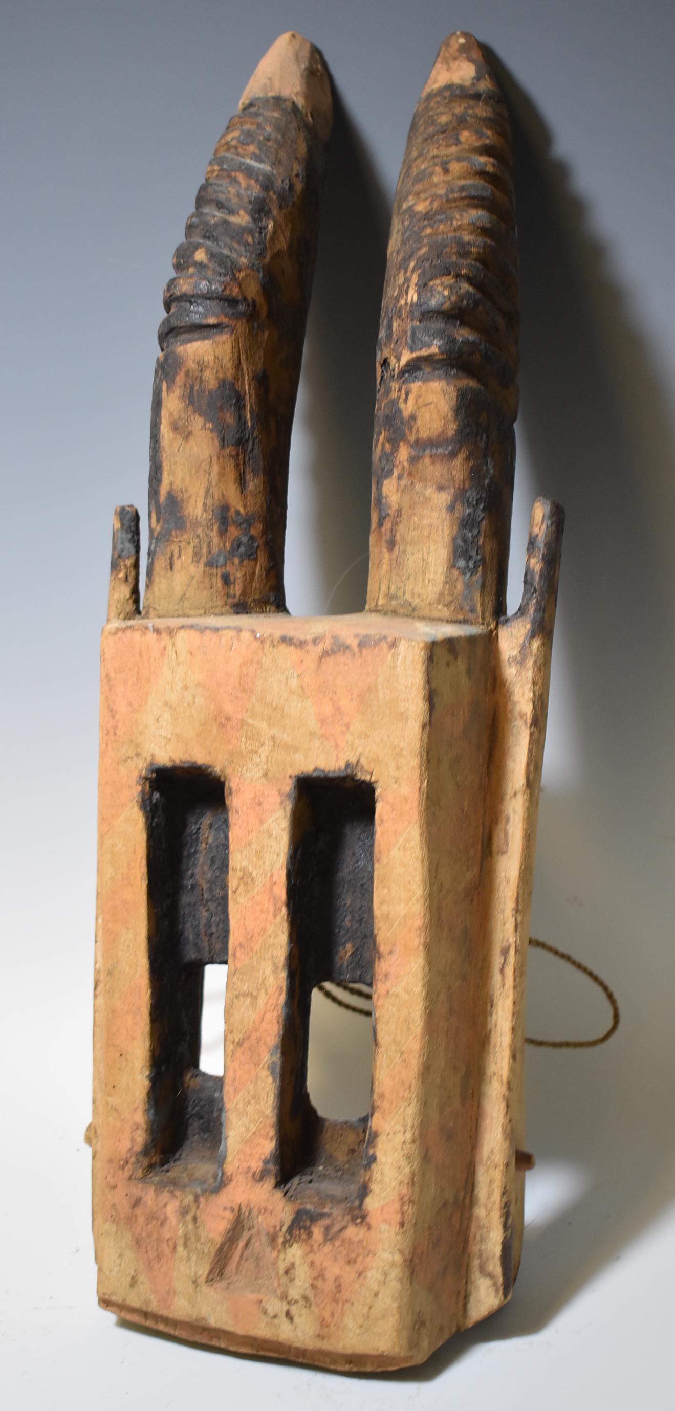 Horned Dogon Mask: Surface Partial Scraped. Shows Age. Mali. Size 22"H