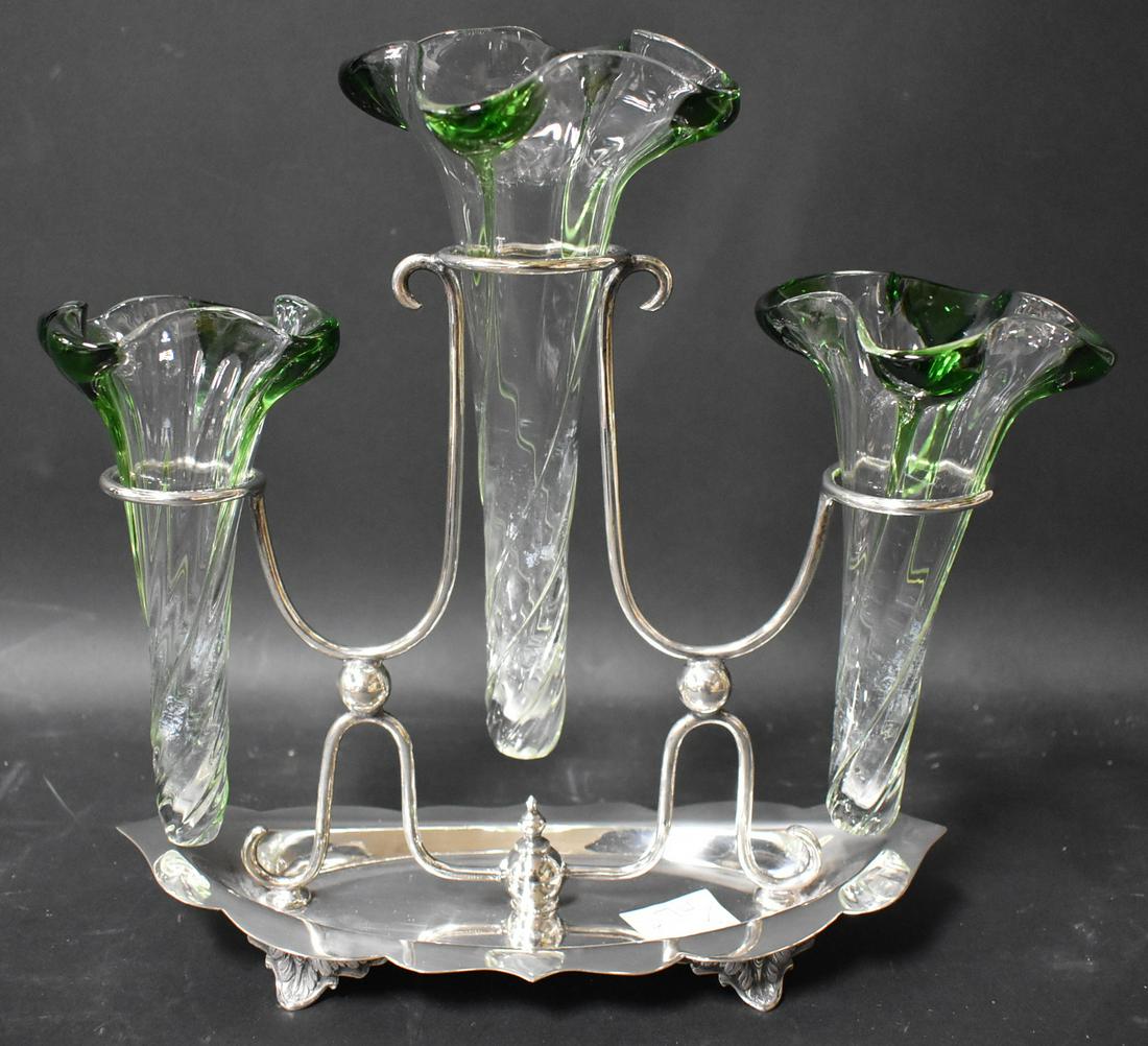 Art Glass Epergne: Silver Plated Triple Holder. 10" tall overall. 8" tall glass.