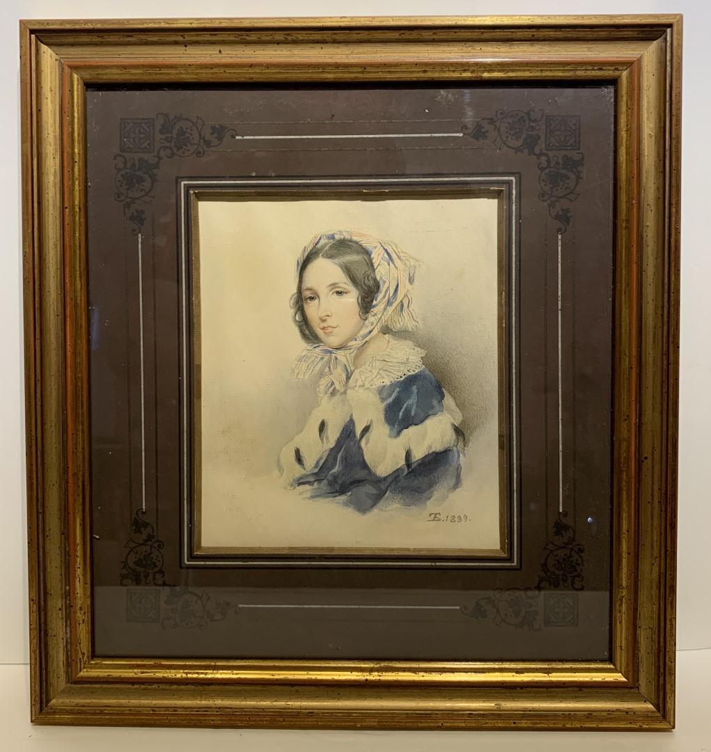 Thomas Sully(1783-1872) American Watercolor Signed: Watercolor on paper. Portrait of a Young Girl. Signed lower right with monogramed initials and dated 1839; 7in. X 6in.(image)