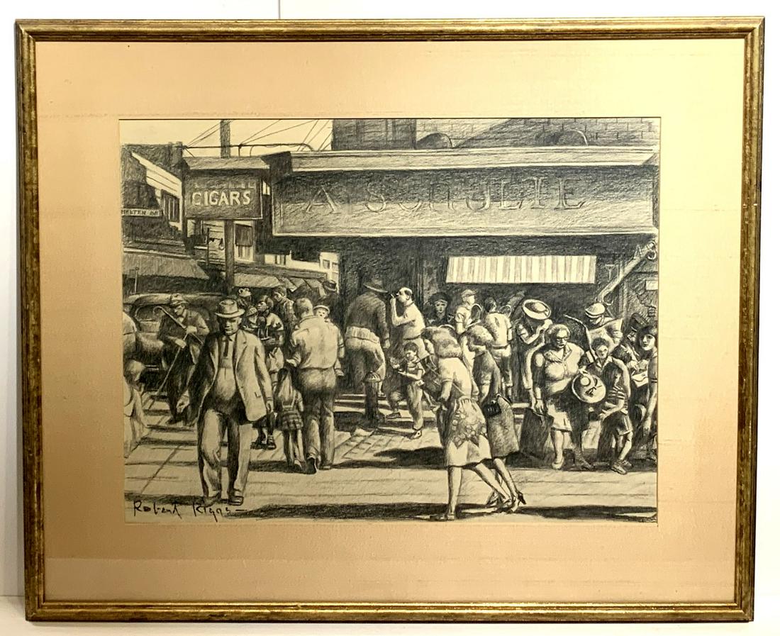 Robert Riggs(1896-1970); American Charcoal Drawing: Charcoal on paper. Bustling New York Street Corner. Signed lower left; 14in. X 18in.(image)