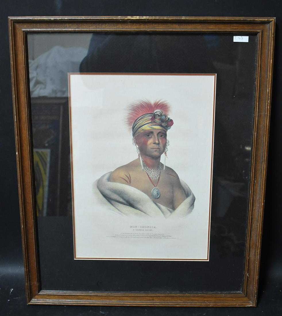 Mon-Chonsia A Kansas Chief Litho: Published Daniel Rice and James G. Clark. Drawn, printed and col. At Lithographic & Print Colouring Est. 94 Walnut St. Phila. Double matted and framed. Imagine Size 14"H x 10"W. Overall 21.5"H x 17.5"