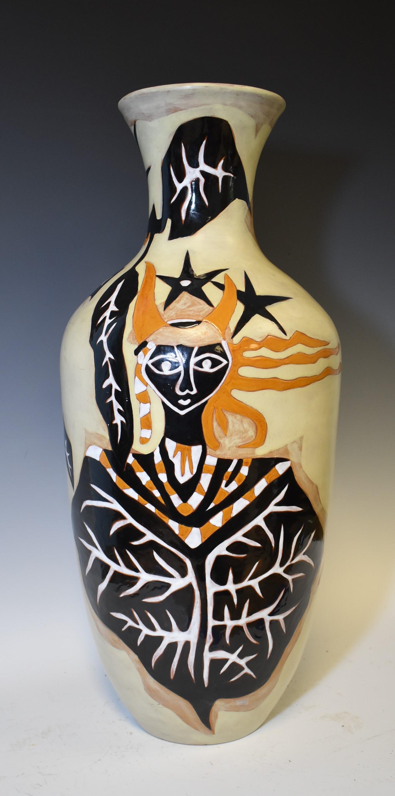 Jean Lurcat Earthenware Vase: Jean Lurcat Abstract Vase: Earthenware Decorated with polychrome enamel. Mid century modern vase with abstract figural and botanical design. Underside reads: “ Dessin J Lurcat Sant Vicers A 18/25Â�