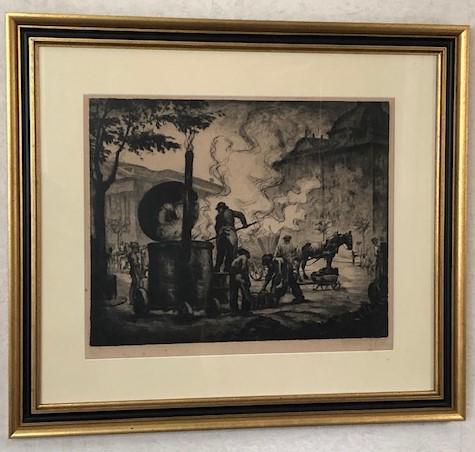 WPA Street Scene with Workers: WPA Etching Â“Road WorkersÂ”: Framed Ltd Ed WPA style etching with workers in the street with horse drawn wagons. Pencil numbered 18/150, pencil signed lower right but illegible. Overall good co