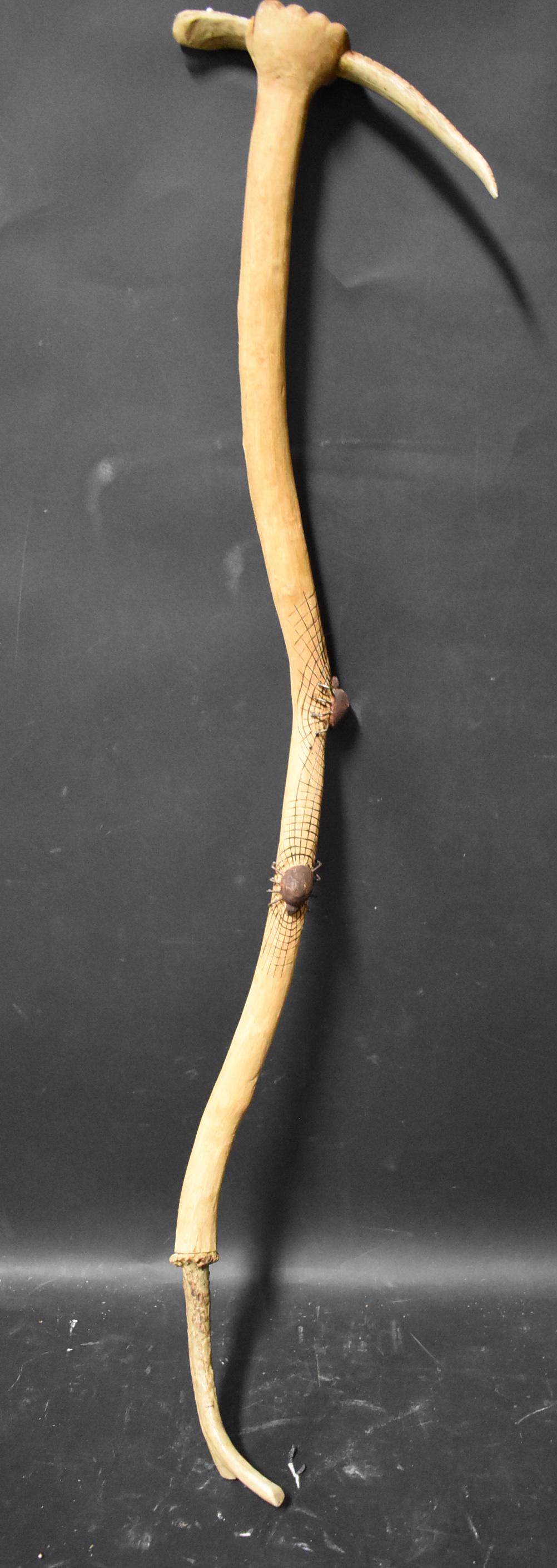 Ron Cisco Folk Art Walking Stick: " I Like Spiders and Snakes " entitlement. A hand holding a snake.Sgd. Ron Cisco. 35inches long