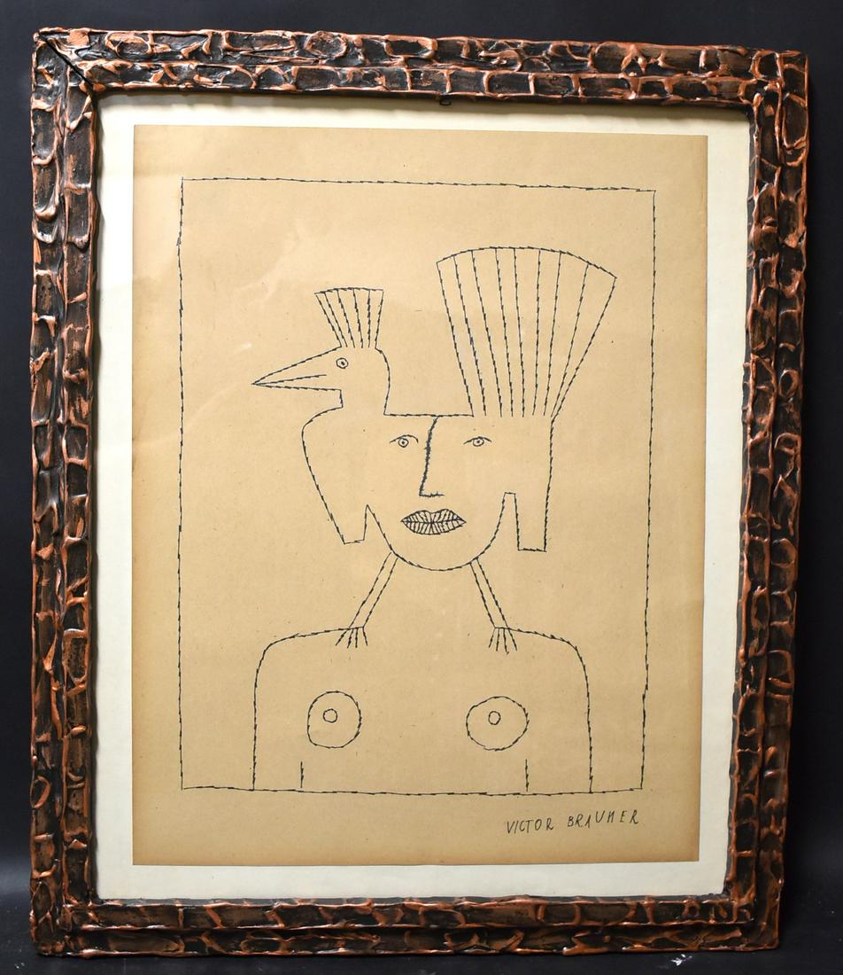 Victor Brauner. Drawing on Paper Sgd.: Framed and signed L.R. Victor Brauner. Overall SIze 24"H x 20"W.