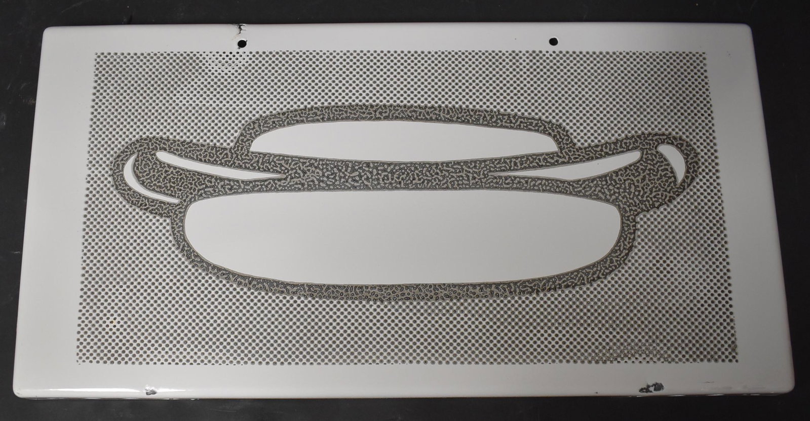 Lichtenstein Enameled Plaque: Hotdog: Not Signed. Punched metal and enamel finsih. Some marks on bottom can be seen in photos. Size 12" x 20W