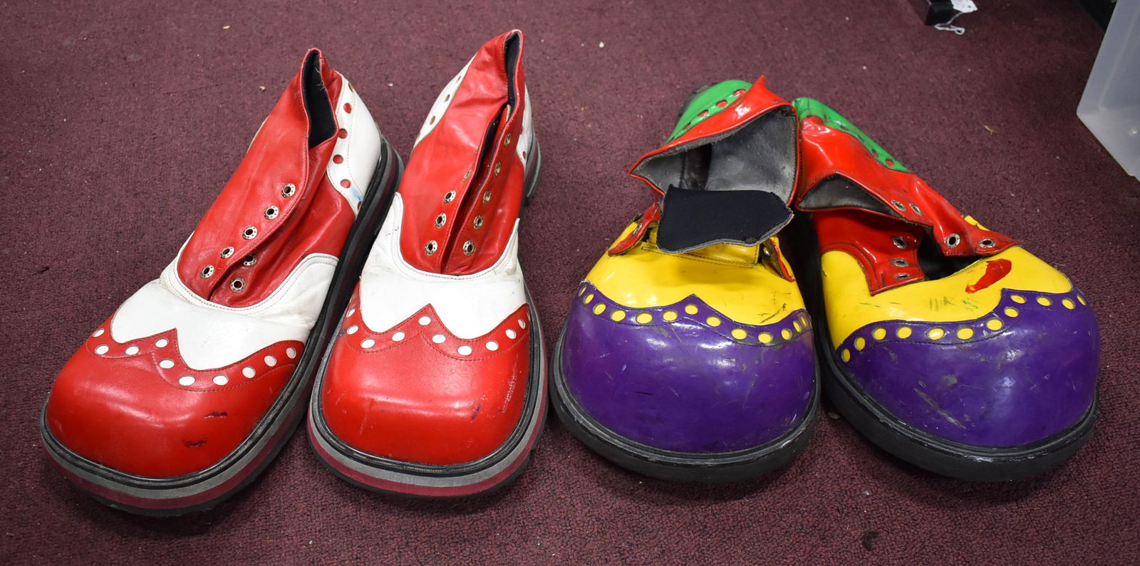 Collectible Clown Shoes (2 pr): 2 pairs. Size unknown. Includes various patterns, most notably a design with keyboards and stars. Condition commensurate with age and use. 12\\\" to 15\\\" long