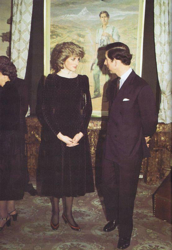 Princess Diana Owned & Worn Dress: Handmade black velvet dress with polka dots labeled Gina Fratini. The Princess has been seen at least twice in the same dress, in 1981 with Prince Andrew and on February 8, 1984 with Prince Charles at