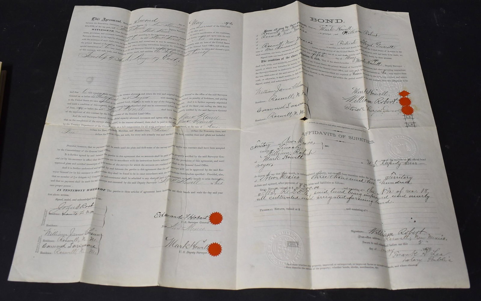 Rare Bond C. 1890 Sgd Pat Garrett: This territory of New Mexico document is signed twice by Patrick Floyd Garrett as one of the sureties of the official bond. Twice impressed with Lincoln County, New Mexico probate and notary public se