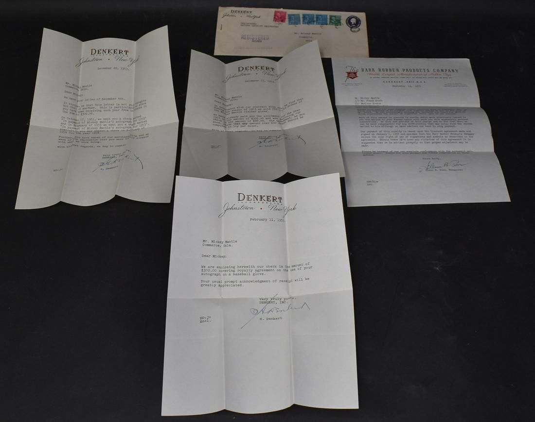 Mickey Mantle Correspondence (4): Original reigstered mail envelope addressed simply to Mr. Mickey Mantle Commerce, OKLA. 2/11/1955. Lot includes three TLS from Denkert, all three in relation to monies being paid for autographs on bas