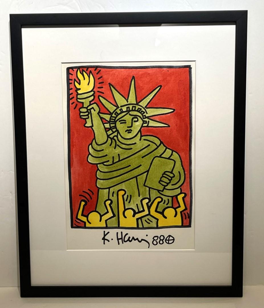 Keith Haring(after); 20thC. Felt Tip Drawing Signed: Felt-tip pen on paper. Statue of Liberty. After Keith Haring. Bears signature and artist's device lower center. Dated '88; 11in. X 7.5in.