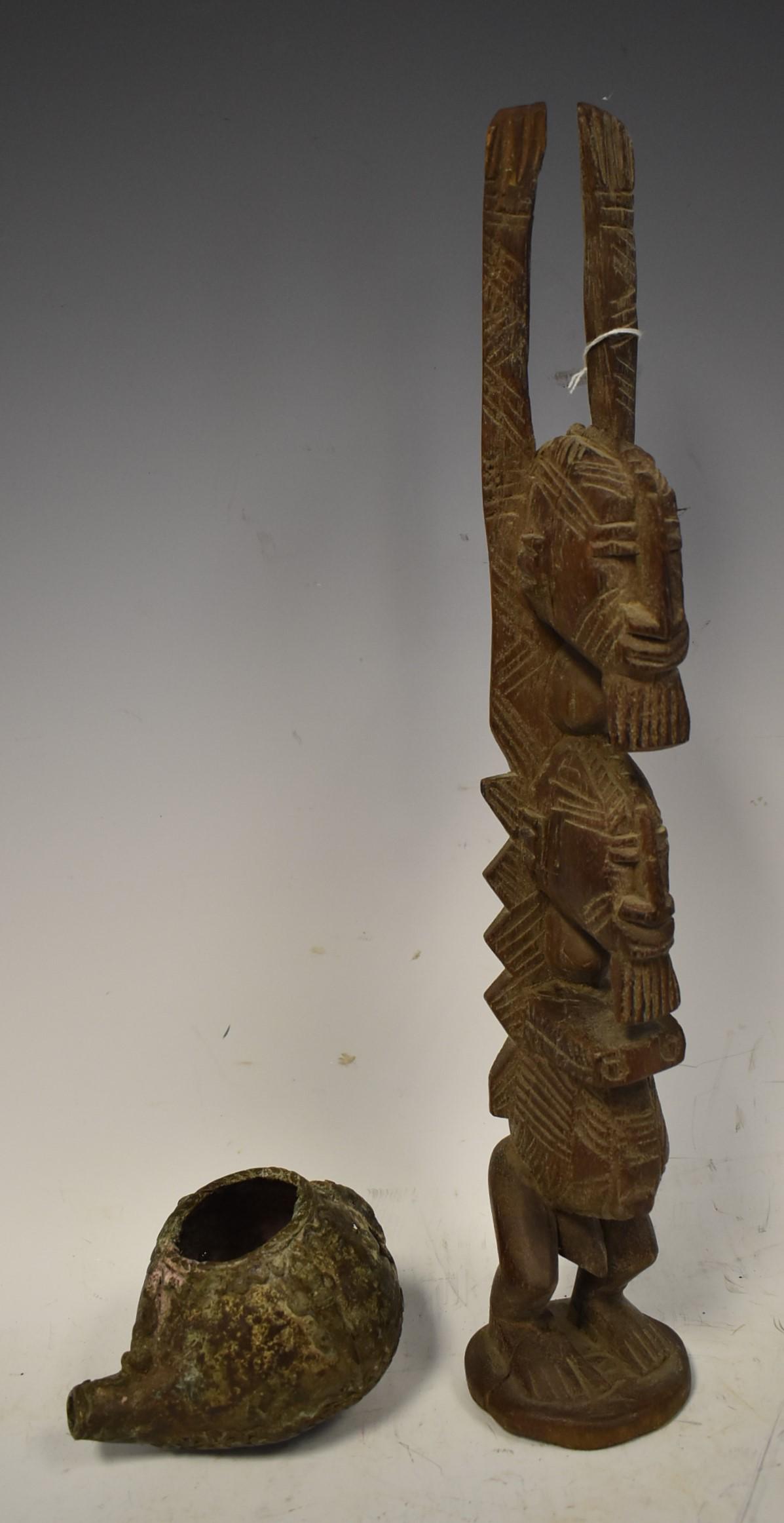 Dogon Tellem Totem: Good age. Nonmo style. Together with a 14th-15th C. lower Niger bronze culture lamp, lizard reliefs, some corrosion holes. Two in the lot.