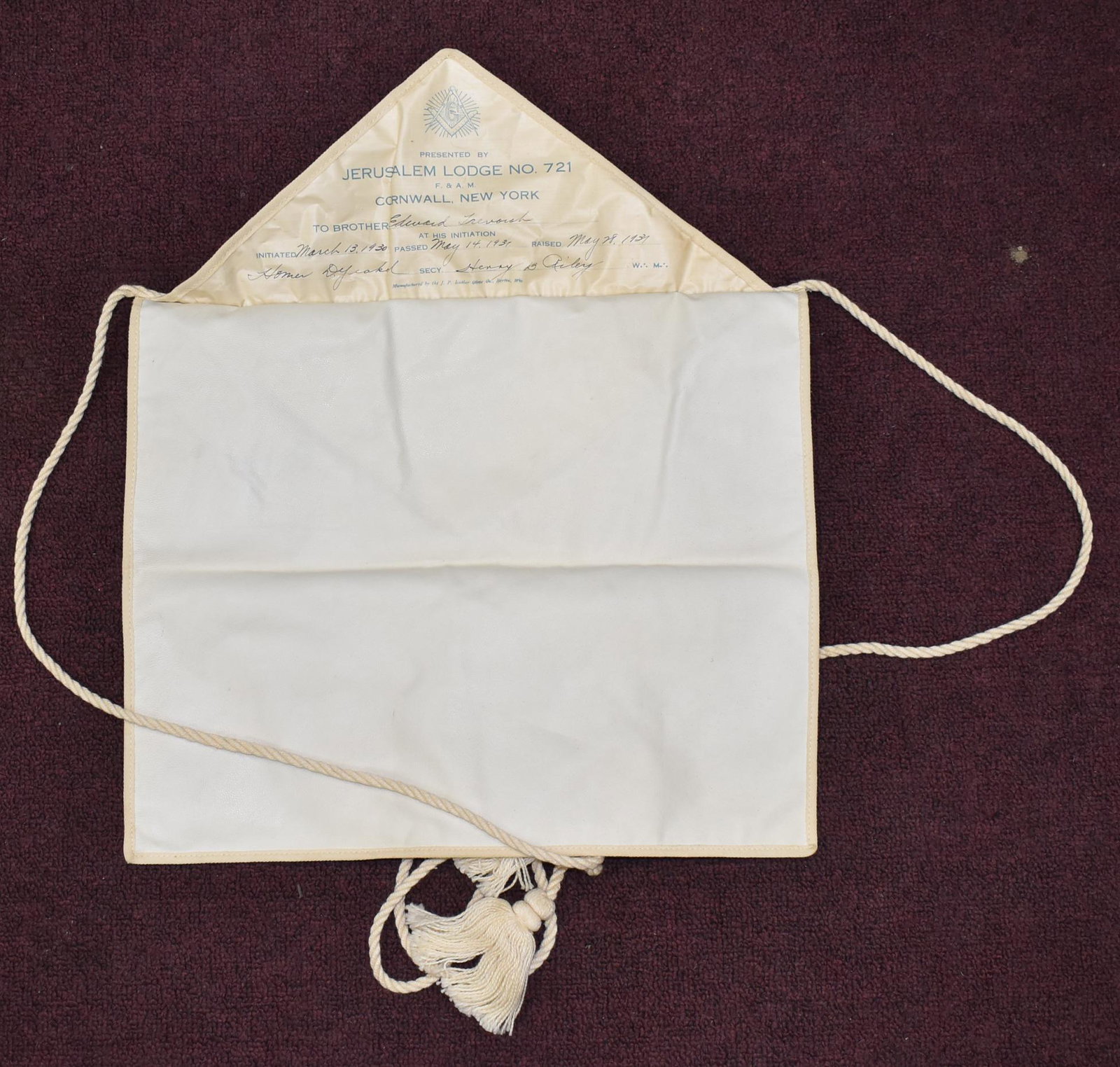 Masonic Lodge Apron. 1930's: Presented by Jerusalem Lodge No 721. F. & A.M. Cornwall NY. Manufactured by J.P. Luther Glove Co G. Britian