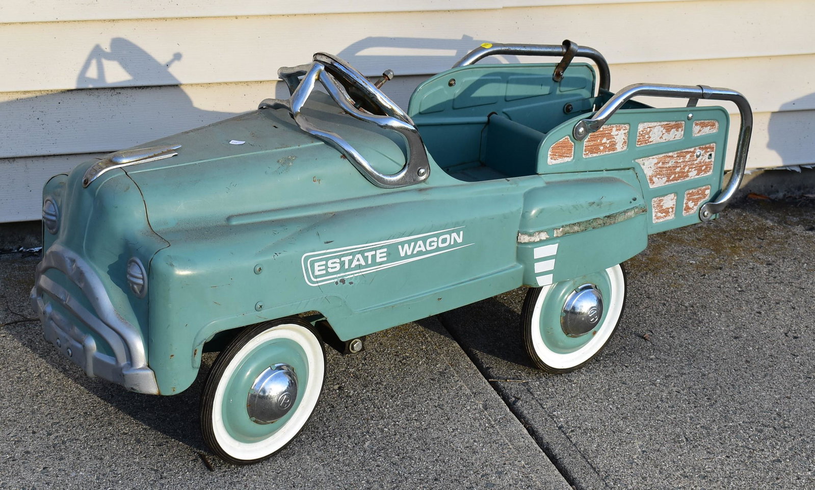 Vintage Estate Wagon Pedal Car: Condition is commensurate with age. 20 inches x 42 inches.