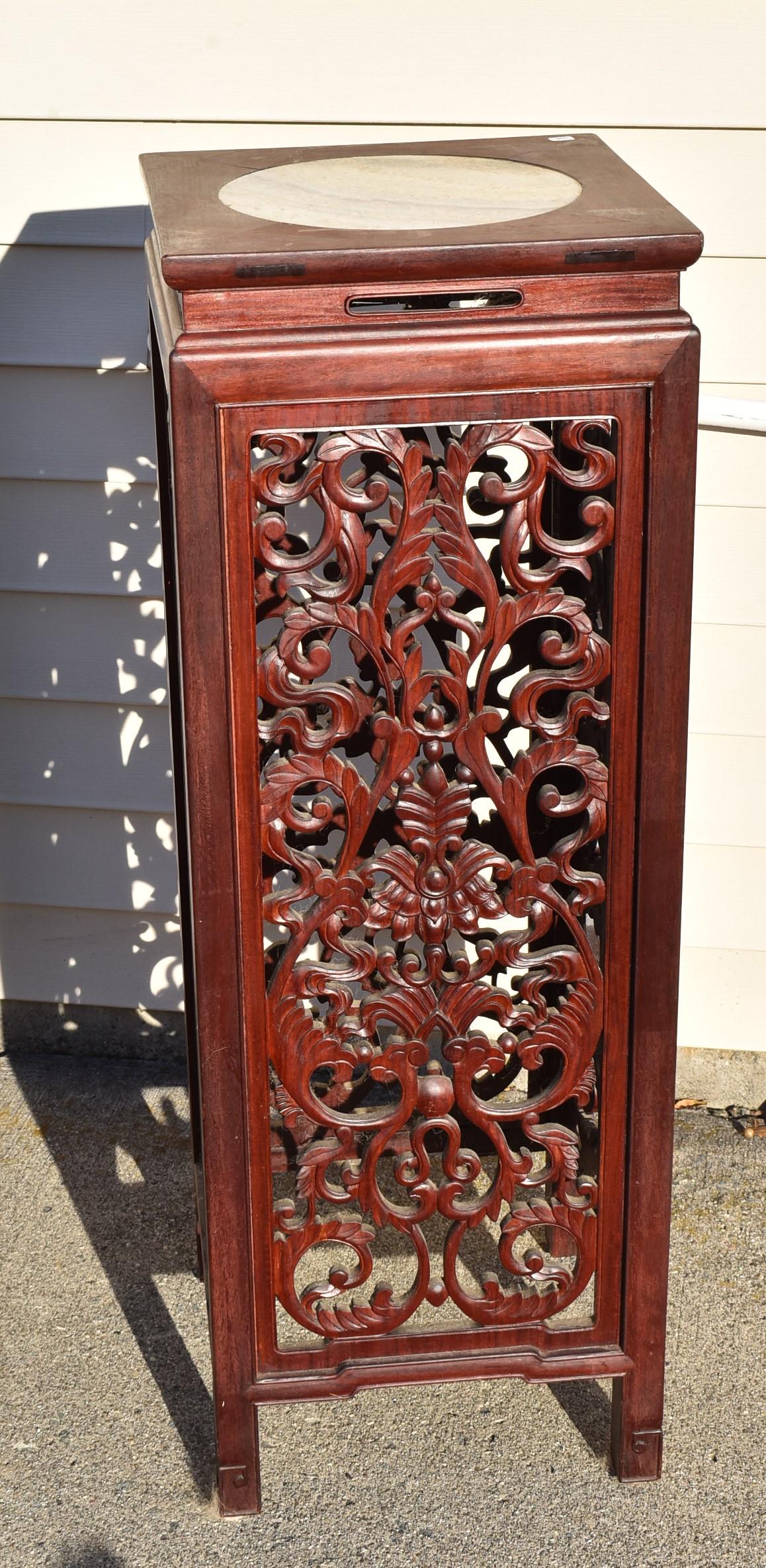 Teakwood Stand W/ Marble top: 40 inches tall x 14 inches x 14 inches.