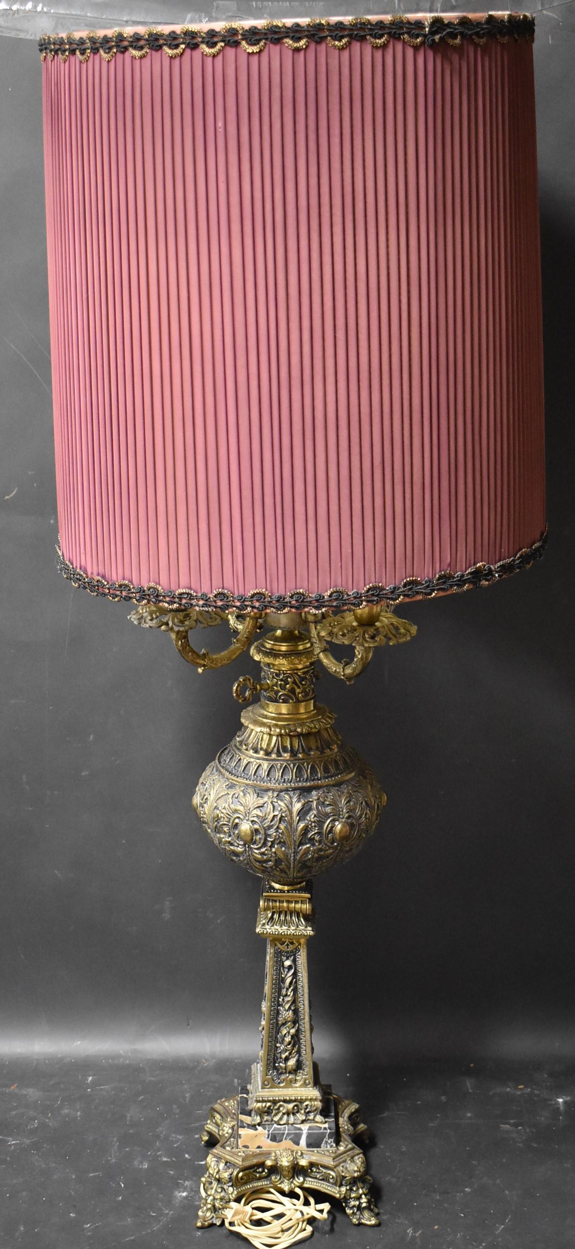 Heavy Embossed Brass Candleabra: Solid brass and marble antique table lamp with original shade lamp. 42.5 inches tall x 9 inches wide. Shade 19 inches x 18 inches.