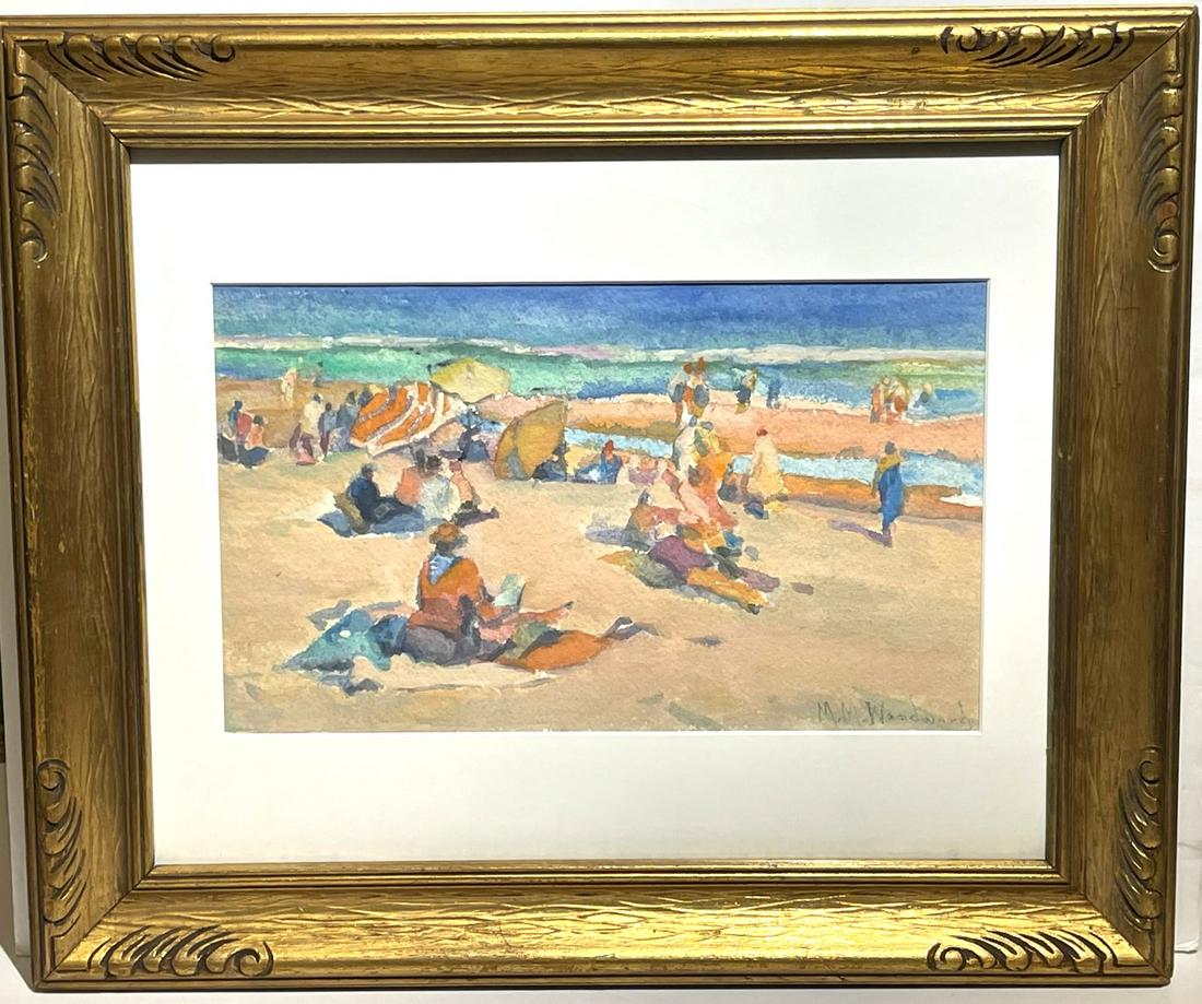 Mabel Woodward; American Watercolor Beach Scene Signed: Watercolor on paper. Beach Scene with Figures. Signed lower right; 7.5in. X 12.5in.(image)