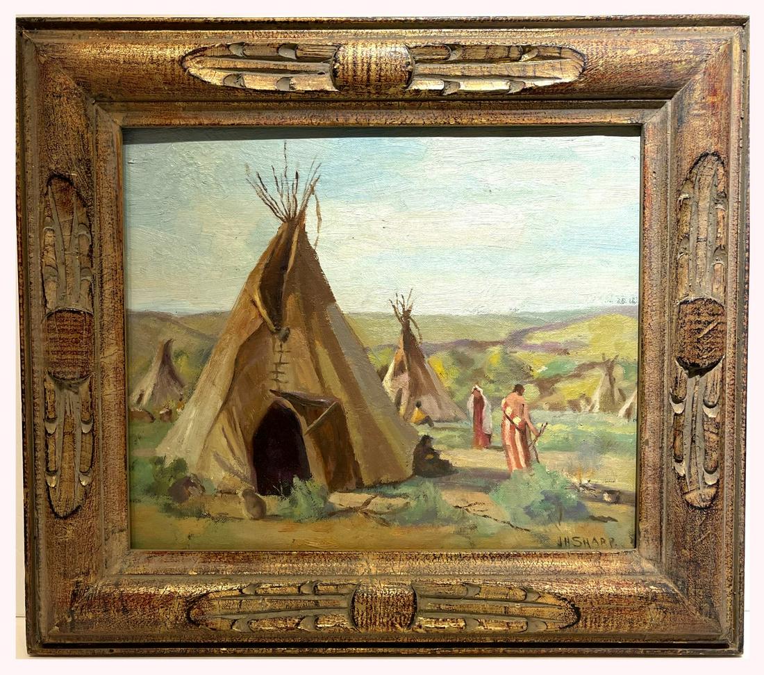 Joseph H. Sharp; American Oil Indian Encampment Signed: Oil on canvas board. Indian Encampment. Signed lower right. Housed in a American Indian design handcarved frame with feather decoration; 10in. X 12in.