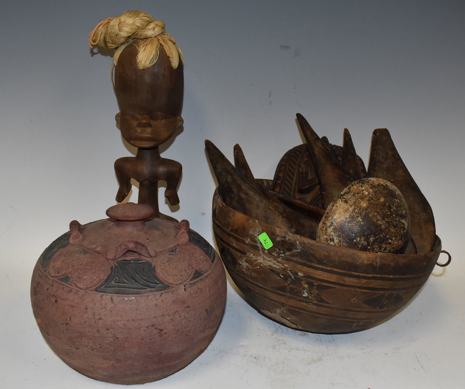 Collectors Lot of African (13): Lot of thirteen African pcs, all ex museum collection. A Nigerian engraved 2 color ceramic vessel. A finely engraved large Dan wooden bowl with bronze handles, 17th to 18th C. (rim repairs); a strange