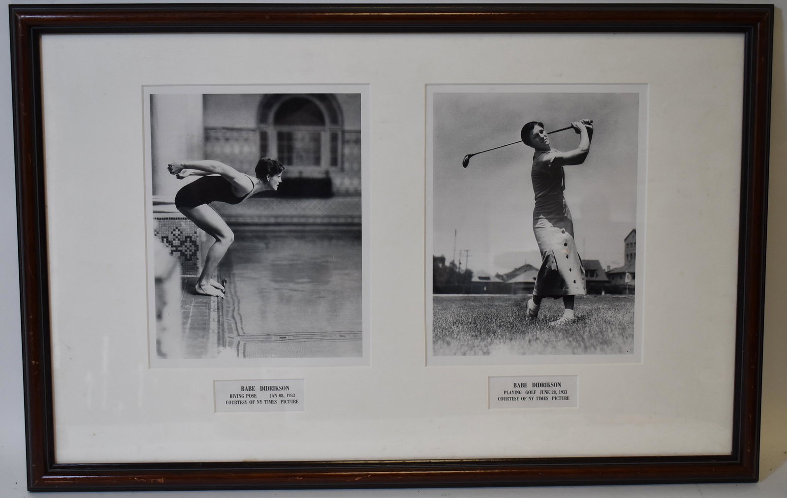 Framed Babe Didrikson Photographs: Framed photographs. Babe Didrikson , Diving Pose - Jan 08, 1933 and Playing Golf - June 23, 1933. Each 8 x 10., 16.5in. X 25in.(framed)