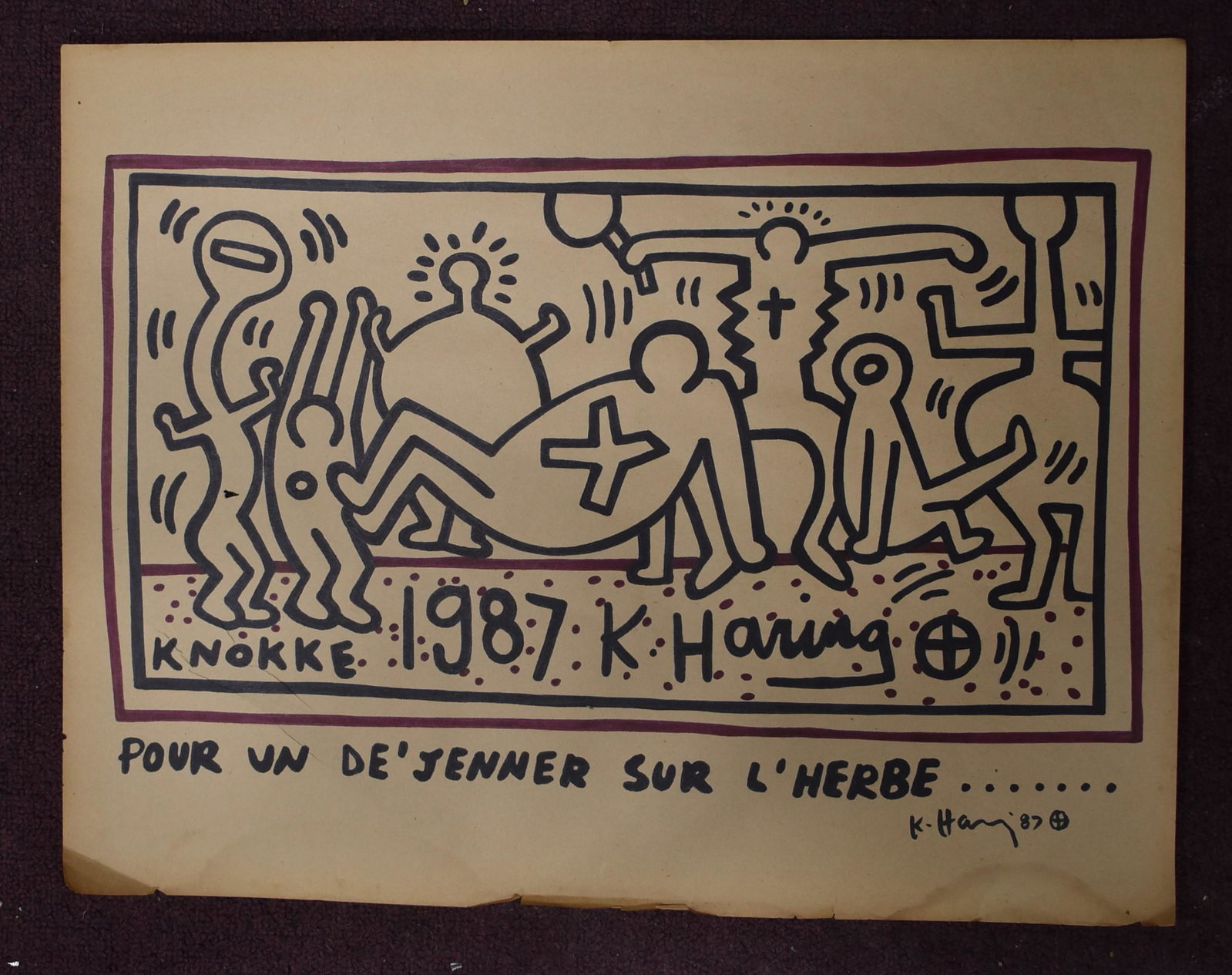 Keith Haring Sgd. Drawing on Paper: Titled "Pour Un De'Jenner Sur L'Herbeâ€¦.."(Lunch on the Grass) Signed LR. K. Haring '87. Drawn in Knokke, Belgium 1987. After the famous painting, Le DÃ©jeuner sur l'herbe, a large oil painting