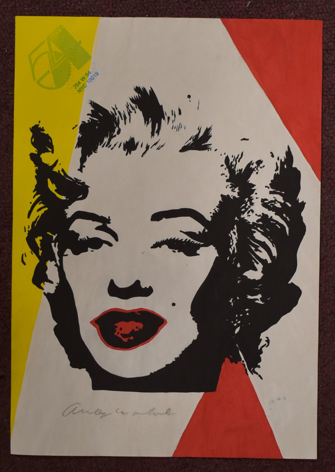 Andy Warhol AP. Marilyn Monroe Mixed Media: Red and Yellow appears to be hand-colored with a felt-tipped marker Signed Lower center Andy Warhol. Stamped UL Studio 54 and address along with an Artist Original Proof Raised Seal. Stamps on back re
