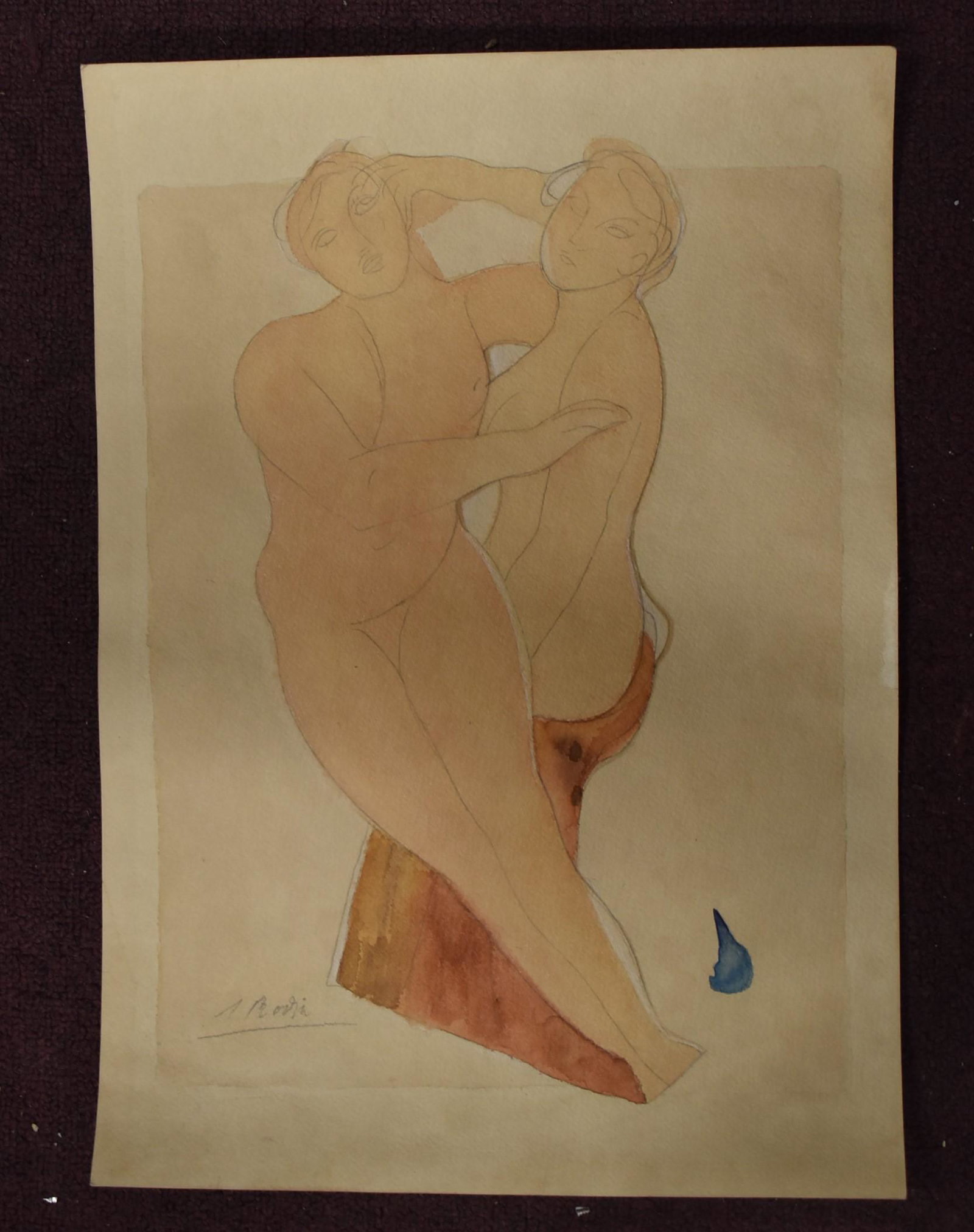 Rodin Watercolor Sgd.: At the back entitled "Tableau de Auguste (fourth word is not discernable)". Also contains hand written information and a stamp. Overall 16.5" x 11.5"