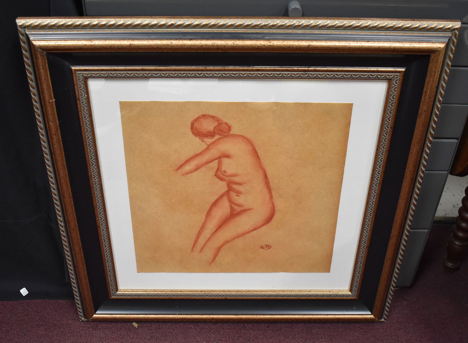 Aristide Maillol. Charcoal Sketch. Nude. Sgd.: Sketch for a sculpture, sgd. & stamped. Size Image 15"H x 14"W. Overall 26.5"h x 26"W