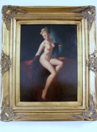 OIL ON BOARD IN THE MANNER OF GIL ELVGREN: A nude sgd. R. Bertrand 15-1/2" x 11-1/4" w