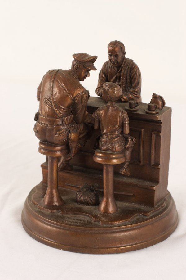NORMAN ROCKWELL(AFTER) BRONZE SCULPTURE: bronze, The Runaway, 7in. H., inscribed, inspired by a Saturday Evening Post cover-Sept. 20 1958 with Treehouse Gallery label
