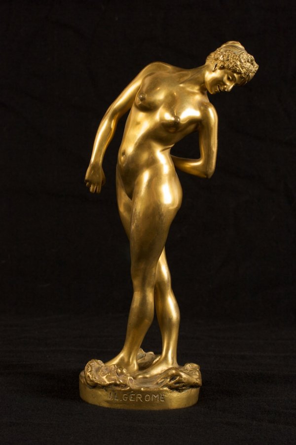 JEAN LEON GEROME; BRONZE OF A NUDE SIGNED: dore bronze, La Joueuse De Boules, 11in. H., inscribed
