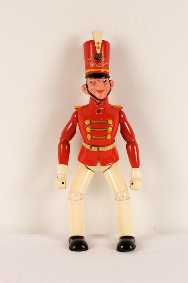 GENERAL ELECTRIC WOOD ADVERTISING FIGURE: painted wood, Advertising Display Figure, 18.5 in. H., with original articulated logo on hat and chest