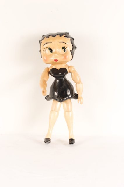 VINTAGE WOOD BETTY BOOP FIGURE: painted wood, articulated figure on stand, 21in. H.