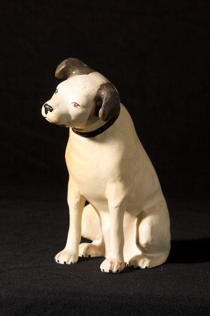 ORIGINAL RCA VICTOR DISPLAY "NIPPER DOG": papier mache, Nipper Dog, 11 in. H., label at bottom, Old King Cole displays -Canton OH-good paint