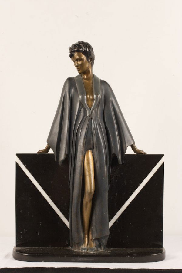 PATRICK NAGEL; ART DECO BRONZE GIRL SIGNED: bronze, Art Deco Girl, 20.5 in. H., inscribed, 1984, #98/180-impressed Mirage Editions Inc.-Dumas on a stylized marble base