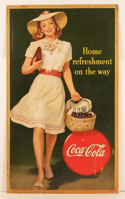 VINTAGE COCA COLA ADVERTISING SIGN: lithographed cardboard, Coca Cola "Home Refreshment on the Way", 50in. x 29.5in., Girl with basket;c. 1945