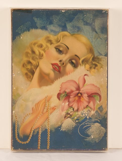 BILLY DeVORSS VINTAGE PUZZLE BOX: lithographed cardboard, Pin Up puzzle box after Billy DeVorss, 16in. x 11in.