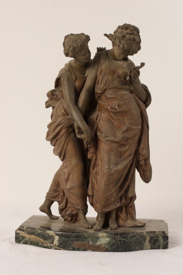 MOREAU; 19TH C. BRONZE GROUPING: bronzed metal, Confidence, 13in. H., with Paris foundry mark-marble base