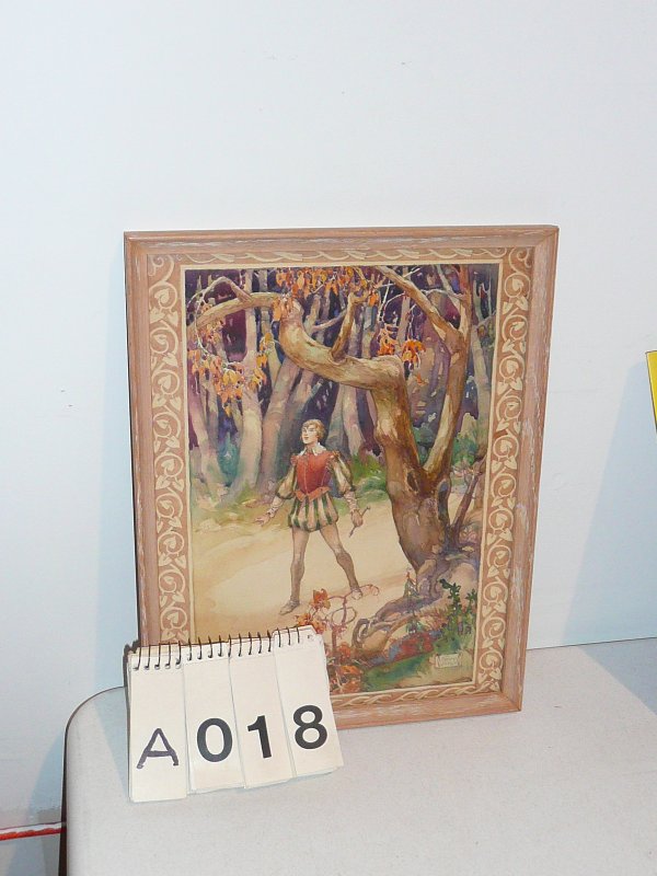 HENRY PITZ WATERCOLOR PAINTING: 20th Cent. American; watercolor; depicting a young man in forest; 12in. X 9in., framed. Illustration published in the book," The Singing Bell", page 181.