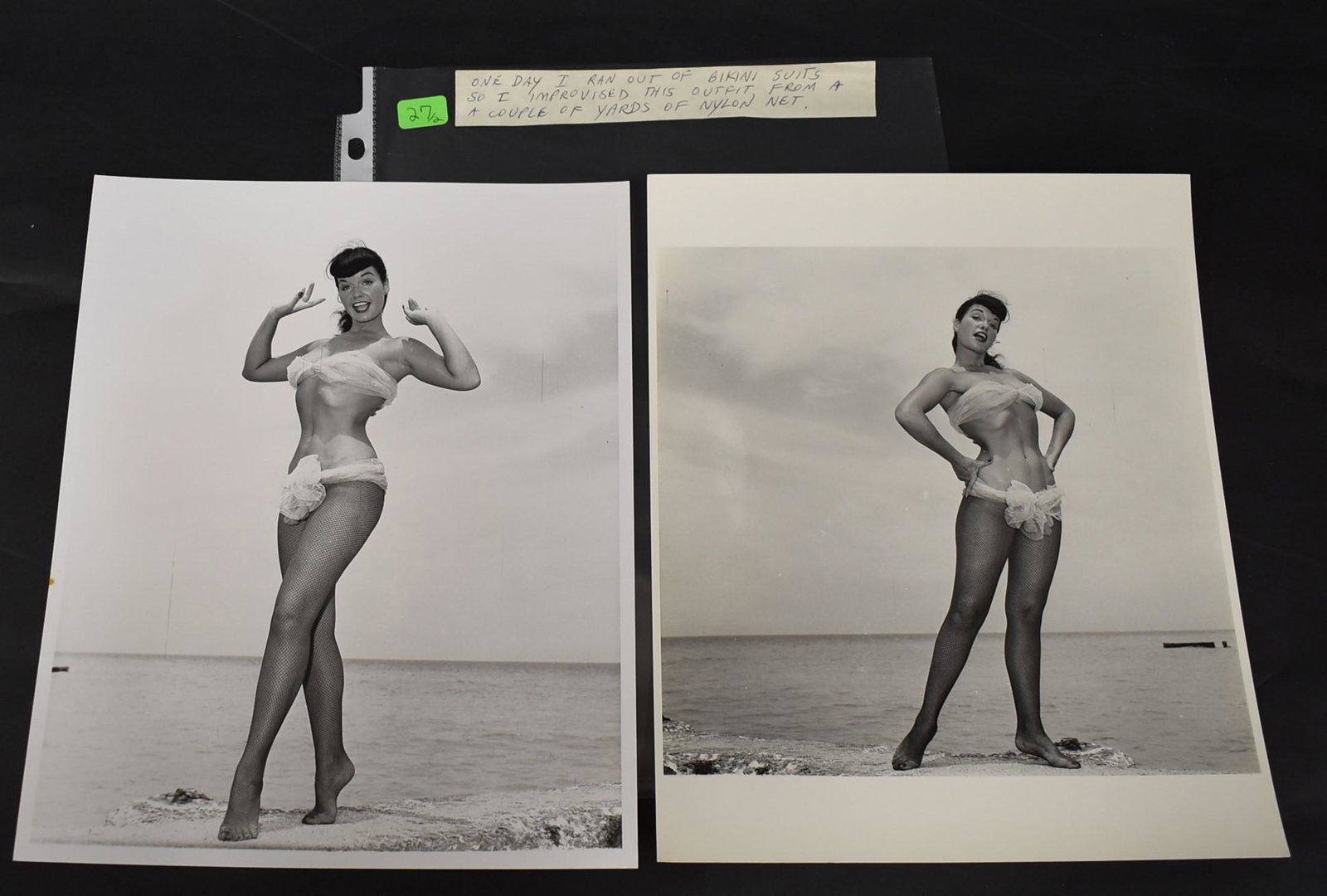 Bettie Page Photographs (2): Bunny Yeager notes, "One day I ran out of bikini suits so I improvised this outfit from a couple yards of nylon net". 10 inches x 8 inches.