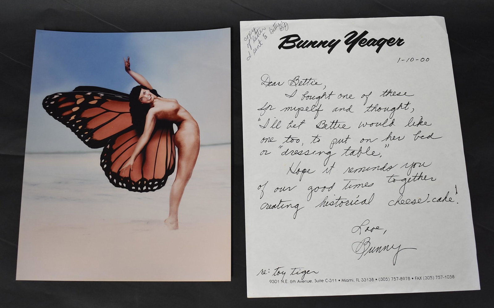 Bettie Page Photo & Copy of Letter: Butterfly pose Bettie Page. Comes with copy of a letter from Bunny Yeager addressed to Bettie Page, dated 1-10-2000. "Dear Bettie, I bought one of these for myself and I thought, "I'll bet Bettie woul