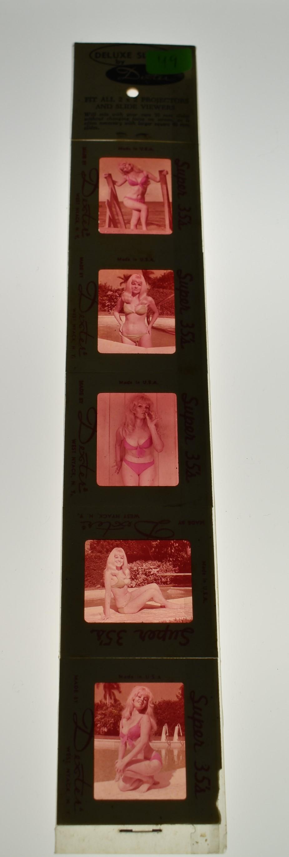 Bunny Yeager's Bikini Girls by Dexter: Never opened commercially packaged by Deluxe Slides by Dexter. Colored transparencies. Fits all 2 x 2 projectors and slide viewers. Five in the lot.